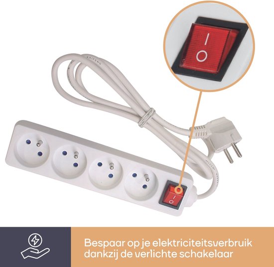 Perel Steckdosenleiste mit Schalter, 4 Steckdosen mit Schutzkontakt (Typ E), Kabel 3 m, 3G1,5, für den Innenbereich, weiß
