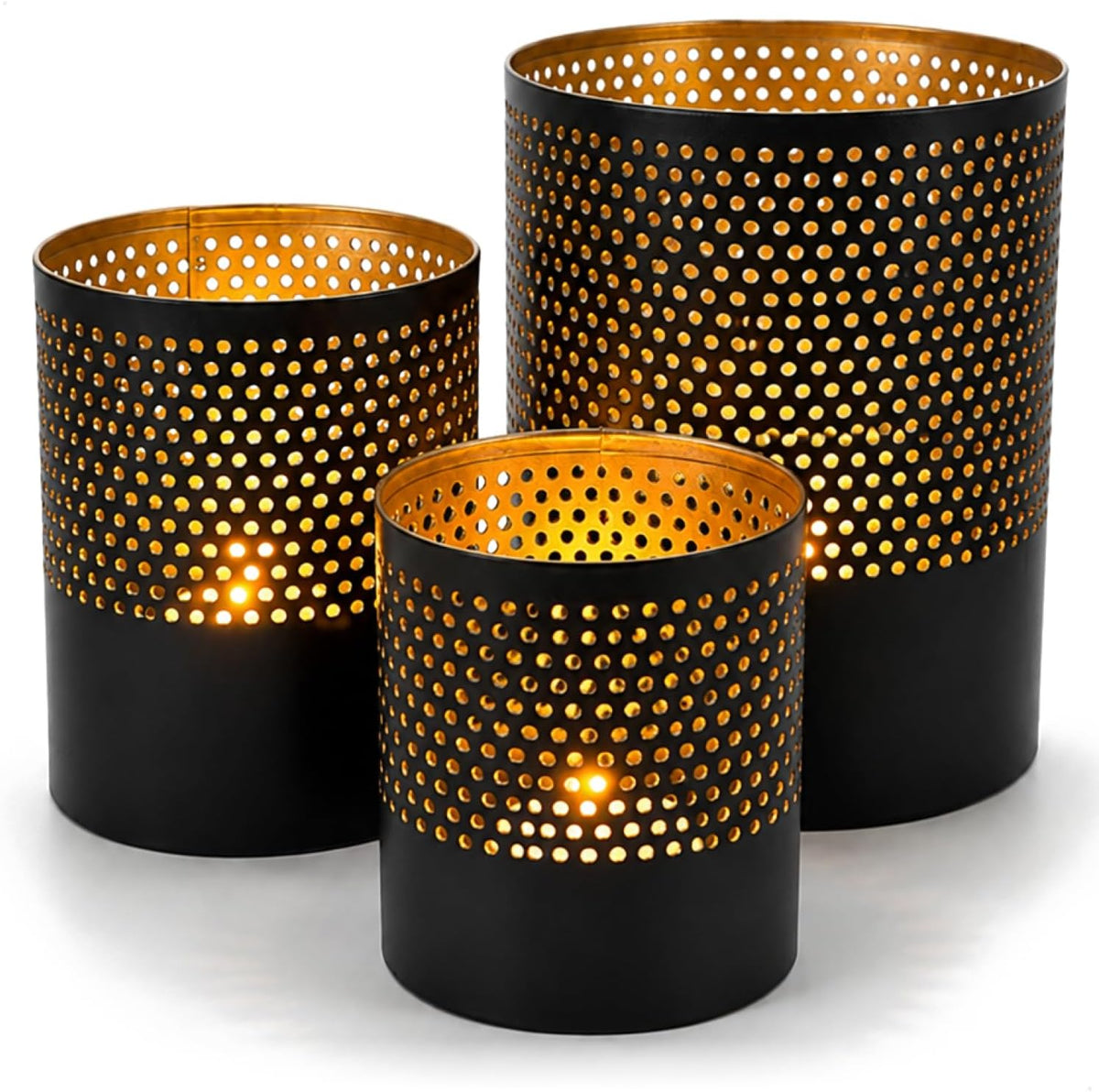 com-four® 3er-Set Metalllaternen – Schwarz/Gold – 7,5, 10 und 13 cm
