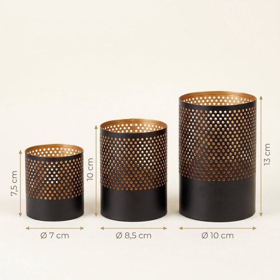 Lomera Teelichthalter, 3er-Set – Teelichthalter in Schwarz mit Gold – Windlicht aus Metall – Kerzenhalter für das Wohnzimmer – Stimmungslicht für die Tischdekoration – Perforiertes Metall für eine stimmungsvolle Kerzendekoration