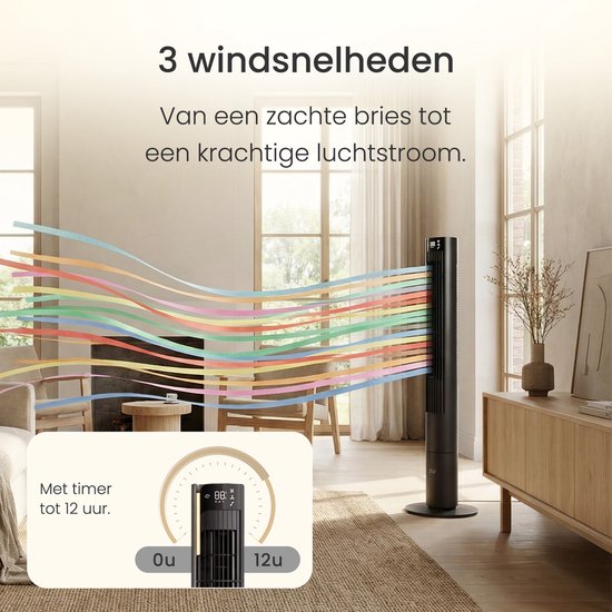 Leiser Ventilator mit Fernbedienung – Flügelloser Turmventilator mit Timer und 3 Gebläsestufen – Energieeffizient (60 W) – Schlafzimmer – Mattschwarz – JAP Appliances Toronto L