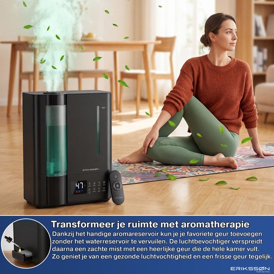 Erikssøn Luftbefeuchter Elite – 8 Liter – Geeignet für Wohnzimmer, Büro, Schlafzimmer, Babyzimmer – Luftbefeuchter – Mit Aromatherapie – Schwarz