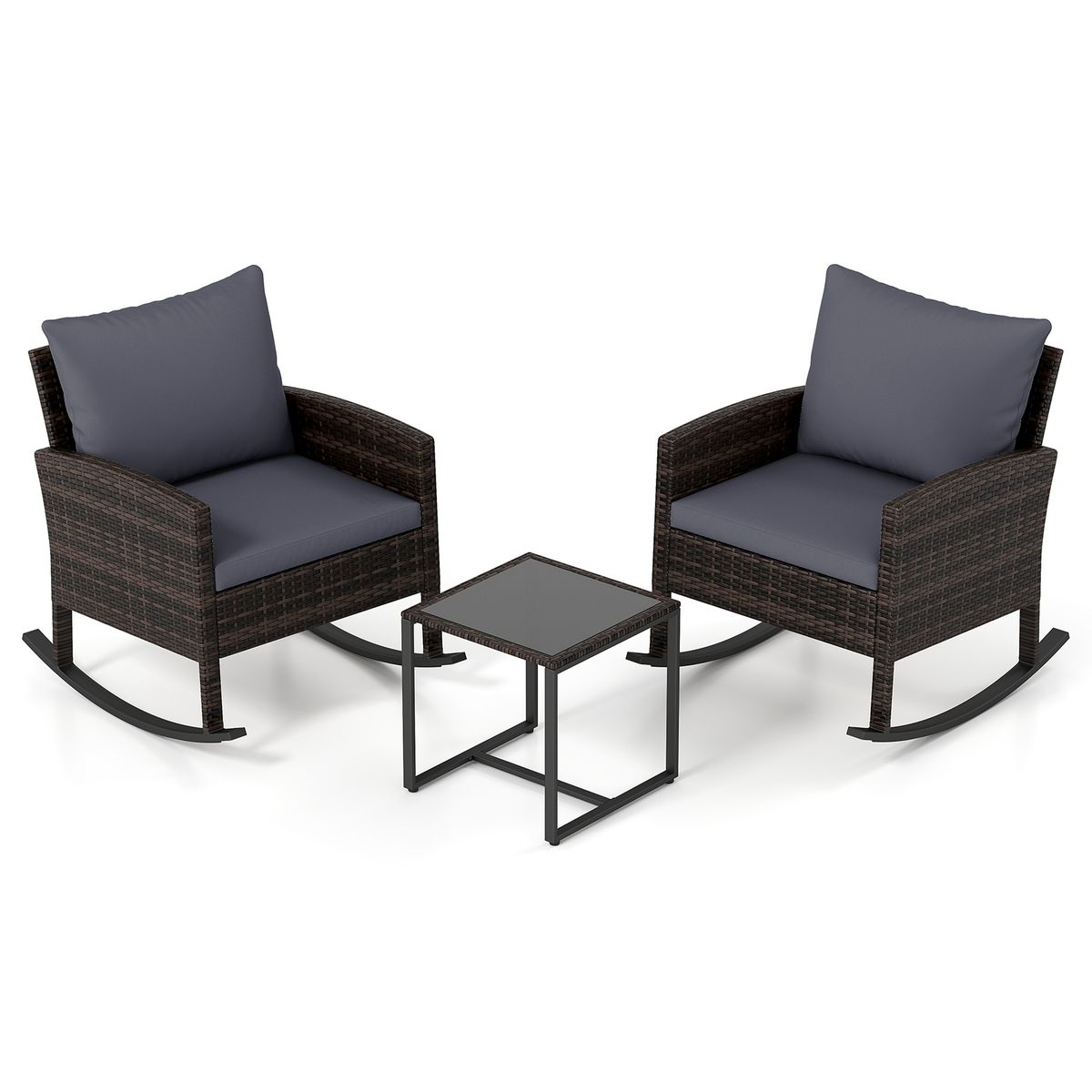 Coast 3-teiliges Gartenset – 2 Schaukelstühle und Beistelltisch – handgeflochtenes Rattan – grau
