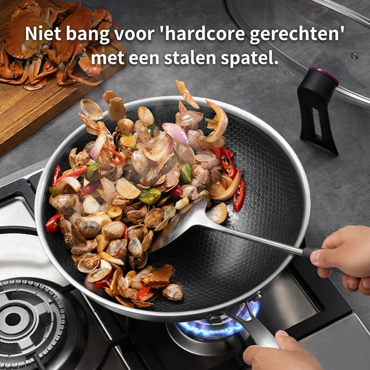Ochama Wok 30 cm mit Deckel – Edelstahl, Wabenmuster, Antihaftbeschichtung ohne Teflon – geeignet für Induktion, Gas und Elektroherde