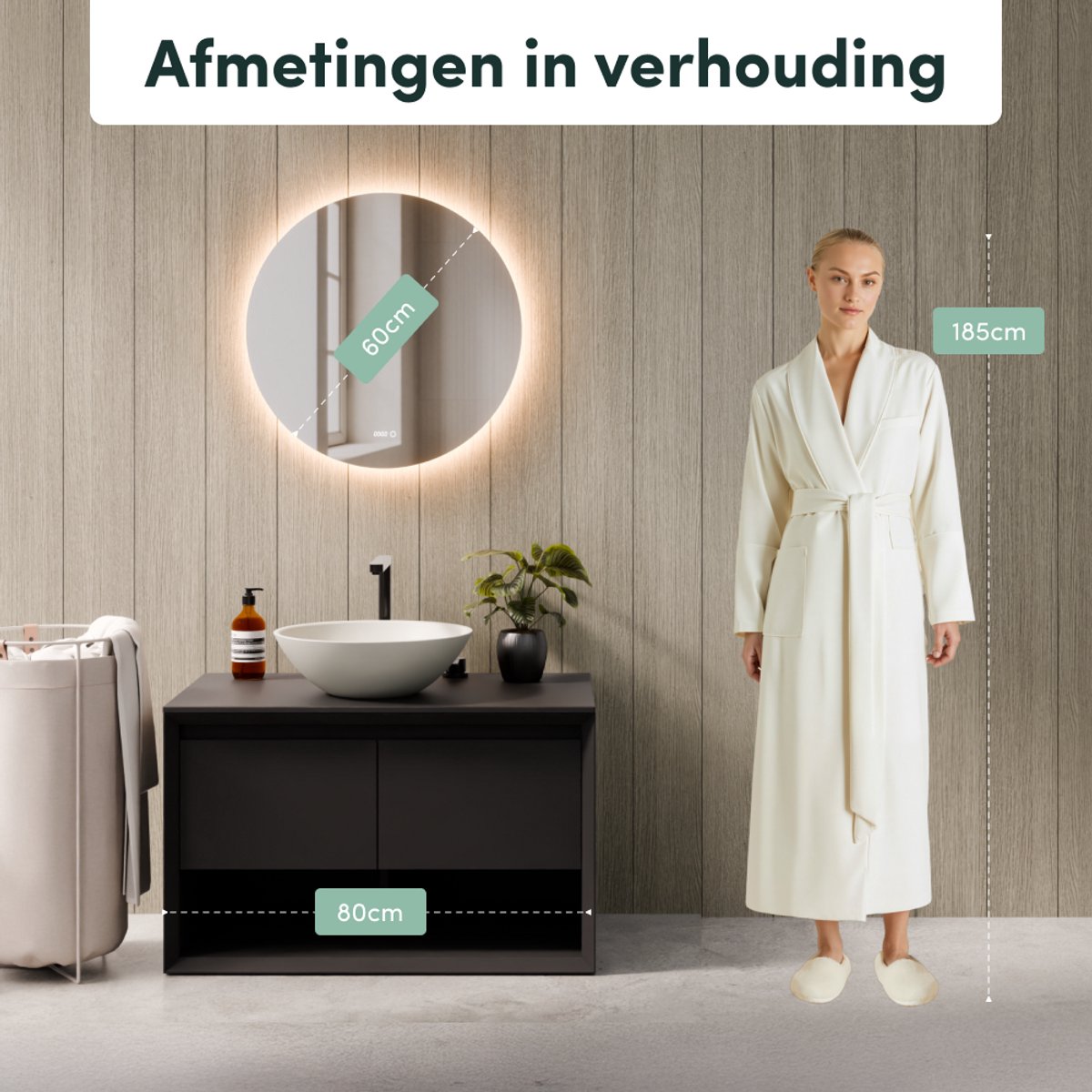 Beloura Badezimmerspiegel mit Beleuchtung - Runder Badezimmerspiegel - Heizung - Uhr - LED - 60 cm