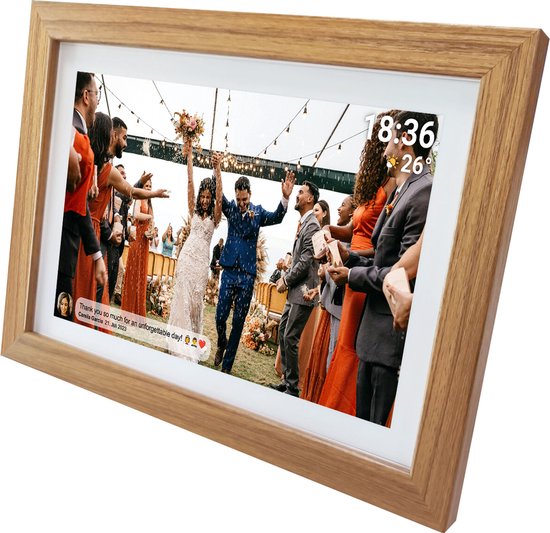 Denver Digitaler Bilderrahmen 15,6 Zoll - XL - Holz - Full HD - Frameo App - Bilderrahmen - WiFi - 8GB - IPS Touchscreen - PFF1542LW