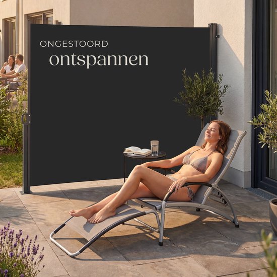 tectake® Ausziehbarer Windschutz mit Aufrollmechanismus – 300 x 160 cm – Seitenmarkise mit Aluminiumrahmen – Sonnenschutz – Gartenschutz – Schwarzer Balkon-Windschutz – Undurchsichtiger Sichtschutz – Markisentuch