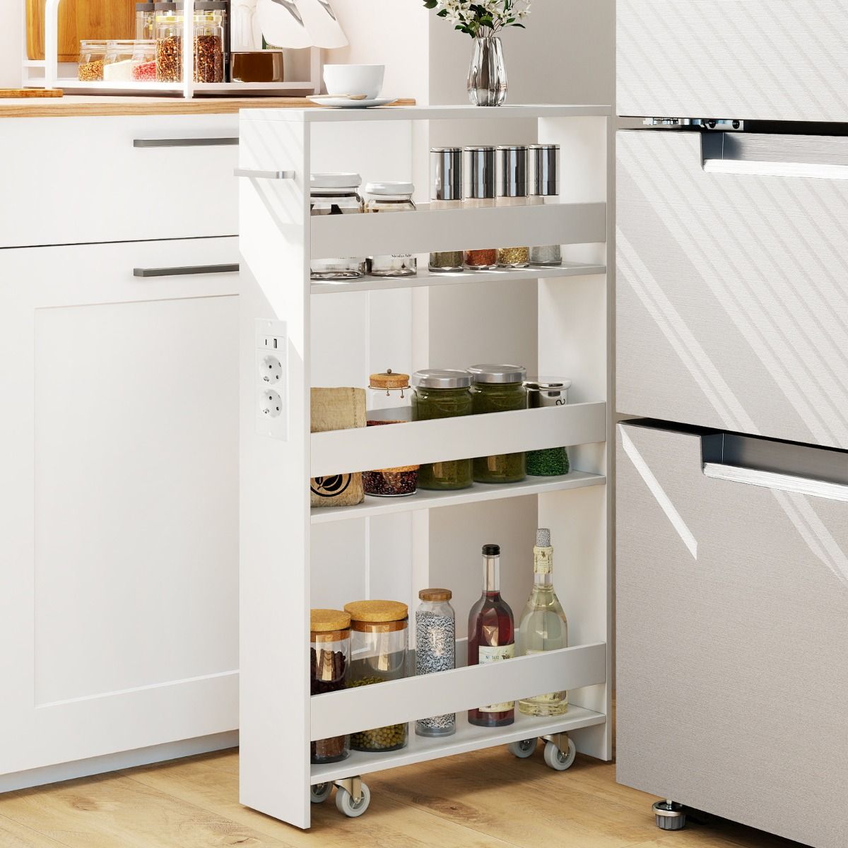 Coast Aufbewahrungswagen mit Ladestation – ultradünnes 4-lagiges Design – Griff und Rollen – weiß