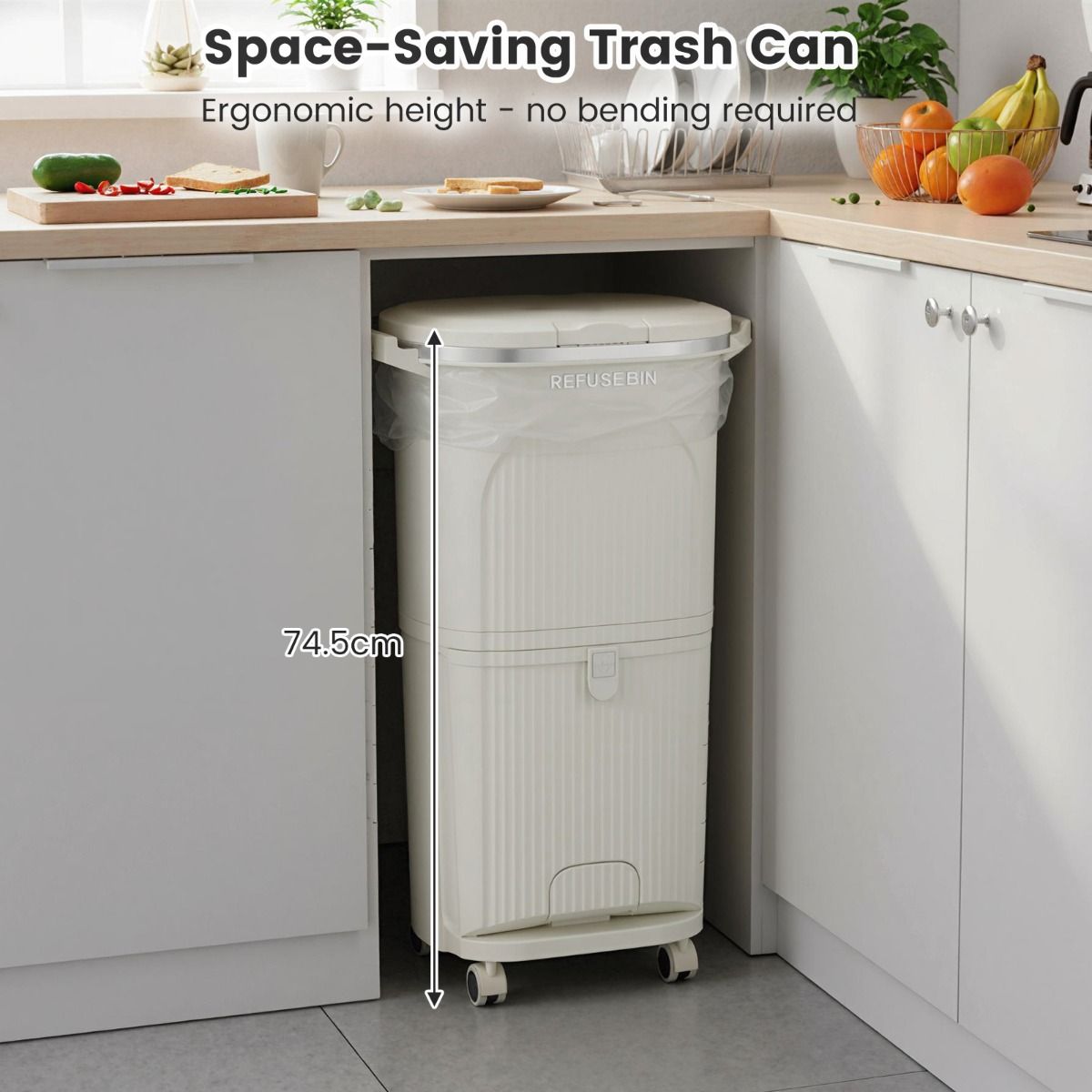 Coast Mülltrennungsbehälter auf Rädern – 3 Fächer – Pedal und Druckknopf – Beige – 38 Liter