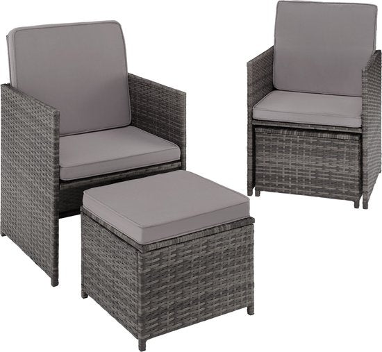 tectake - Geflechtsitzgruppe, 5-teiliges Lounge-Gartenmöbel-Set mit Tisch, Sessel und Hocker, Essgruppe für bis zu 4 Personen, Garten- und Balkonmöbel inkl. Kissen - grau - Poly-Rattan