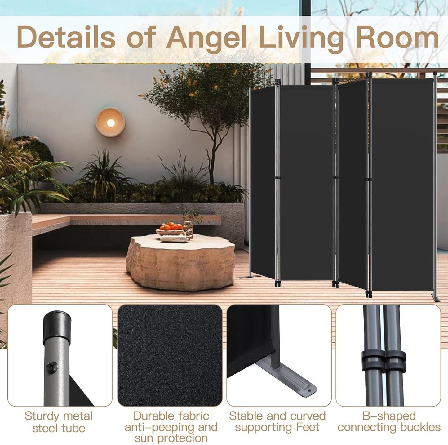 Angel Living Chamber Screen - 4-teilig - 224x165 cm - faltbar - Stahl & Polyester - Raumteiler & Sichtschutz - Schwarz