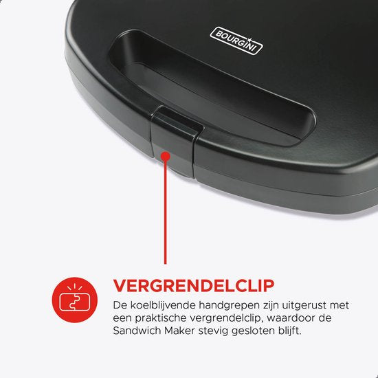 Bourgini Sandwichmaker XXL Schwarz – 800 W – Sandwichtoaster – Kontaktgrill
