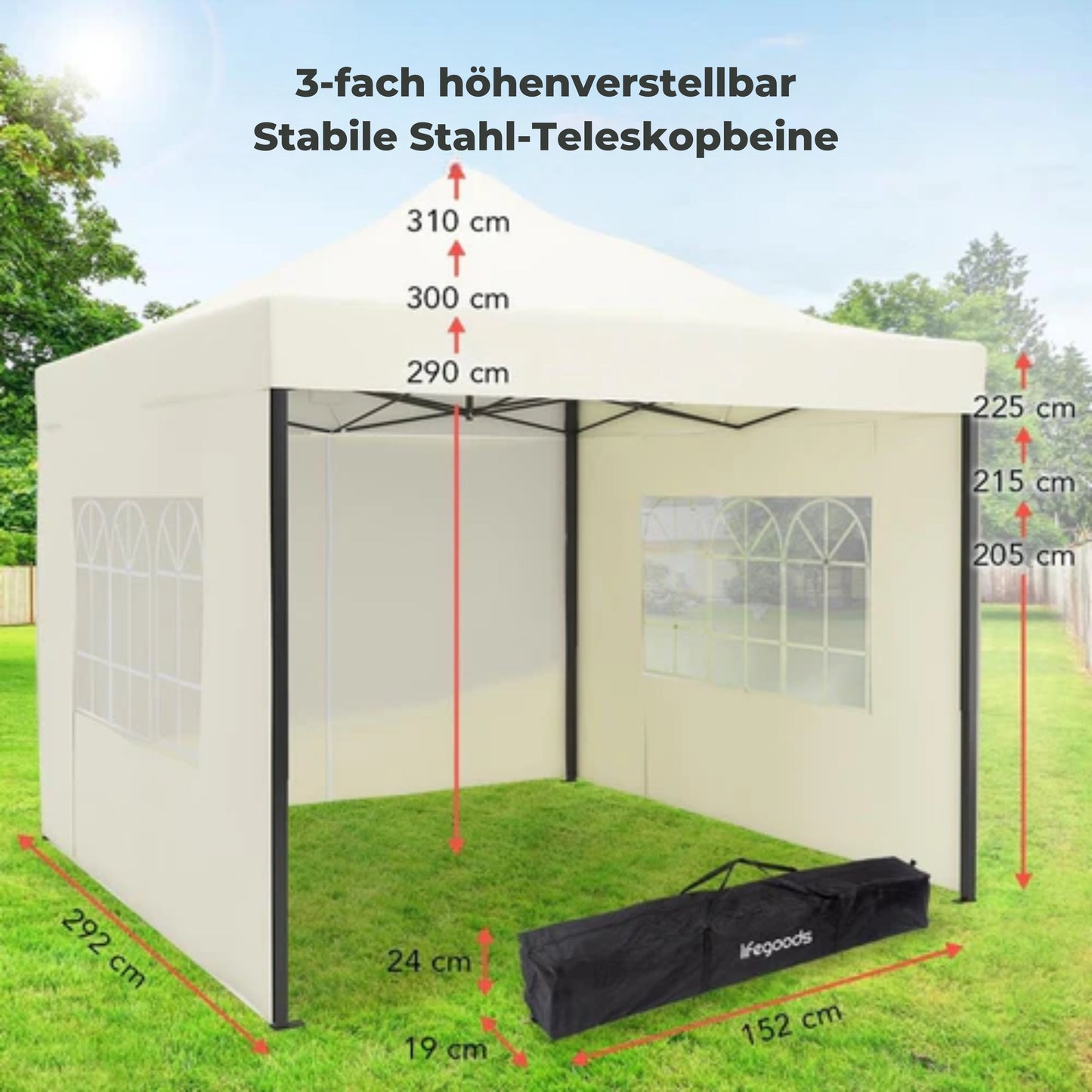 LifeGoods Partyzelt Pavillon - 3x3 m - Mit Seitenwänden - Leicht aufbaubar - Faltbar - Wasserdicht - Inkl. Tragetasche mit Rädern - Beige