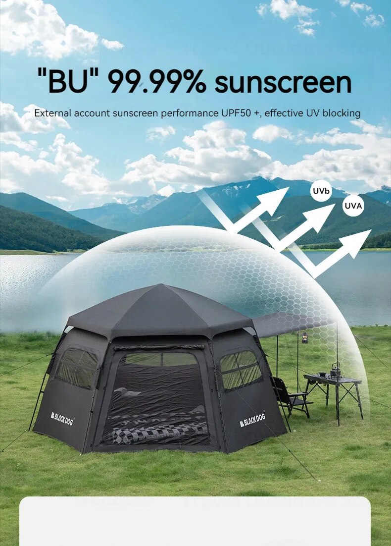 Blackdog Hexagon Automatikzelt CBD2300QT012 – 12,5 m² – UPF50+ – PU3000 mm – Schwarz.