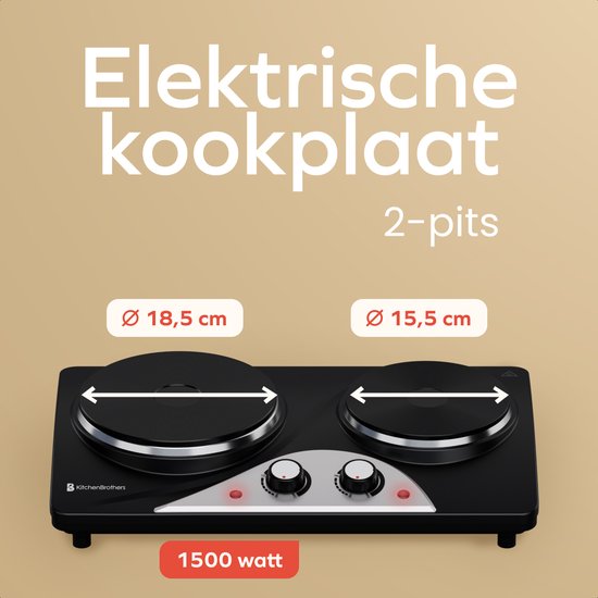KitchenBrothers Elektrokochfeld - 2 Brenner - Freistehend - 7 Temperaturstufen - 1500W + 1000W - Schwarz