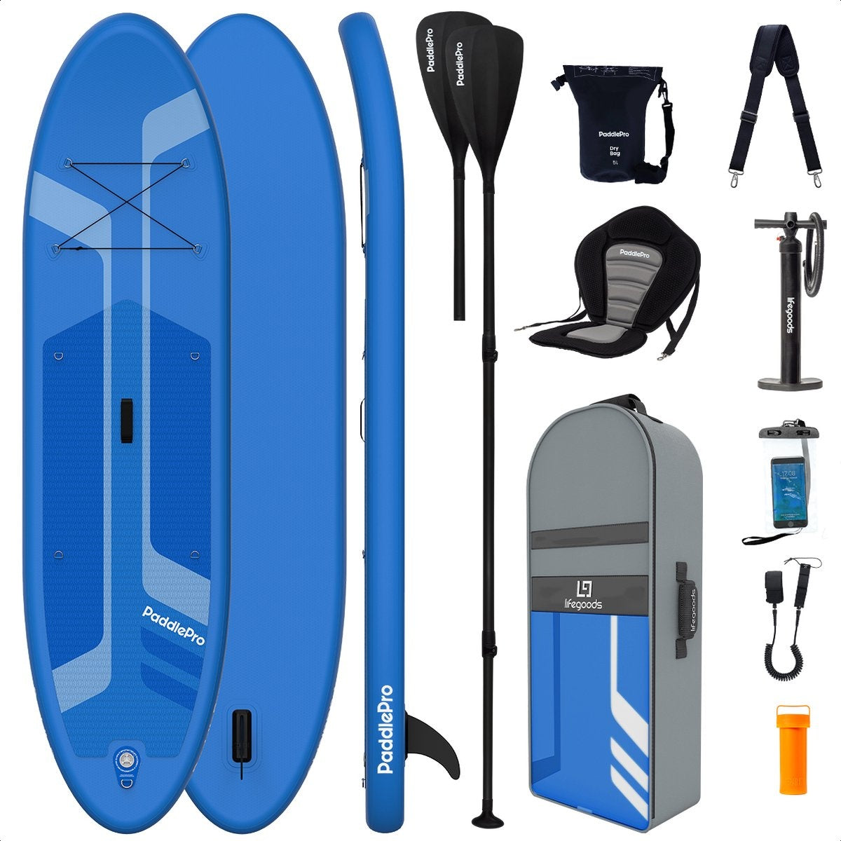 LifeGoods SUP Board - Deluxe Set - mit Sitz - Aufblasbares Paddle Board - Max. 135KG - 320x81cm - Blau
