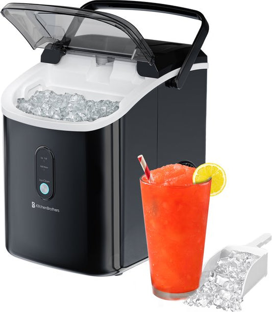 KitchenBrothers Nugget Eiswürfelbereiter - 1.1L - Crushed Ice Maker mit Eisportionierer - Tragbar - 15kg/24 Stunden - Schwarz