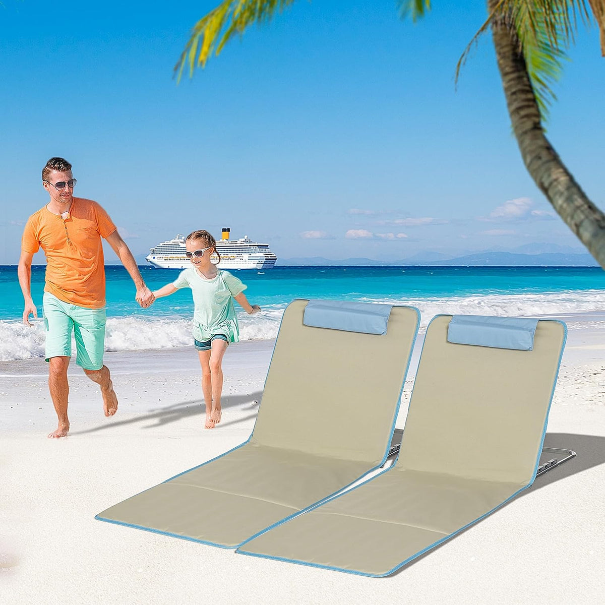 Outsunny Faltbare Strandmatten mit verstellbarer Rückenlehne – 2 Stück – 124 x 53 x 35–45 cm – Beige/Blau