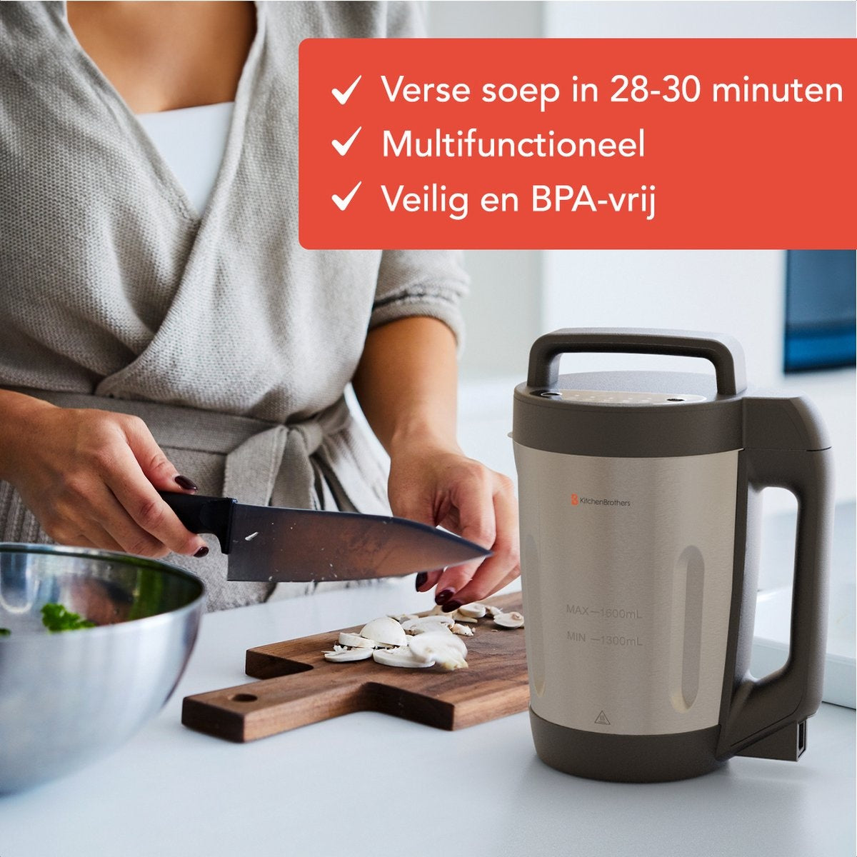 KitchenBrothers Suppenschöpfer - Mixer - bis zu 800W - 1.6L - Edelstahl/Schwarz