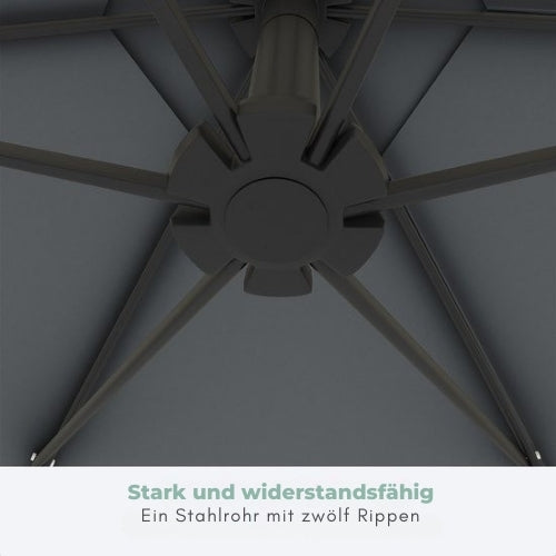 LifeGoods - Schwebender Sonnenschirm - bis zu 8 Personen - ⌀300cm - Wasserdicht - mit Abdeckung und Kreuzfuß - Garten oder Strand - Dunkelgrau