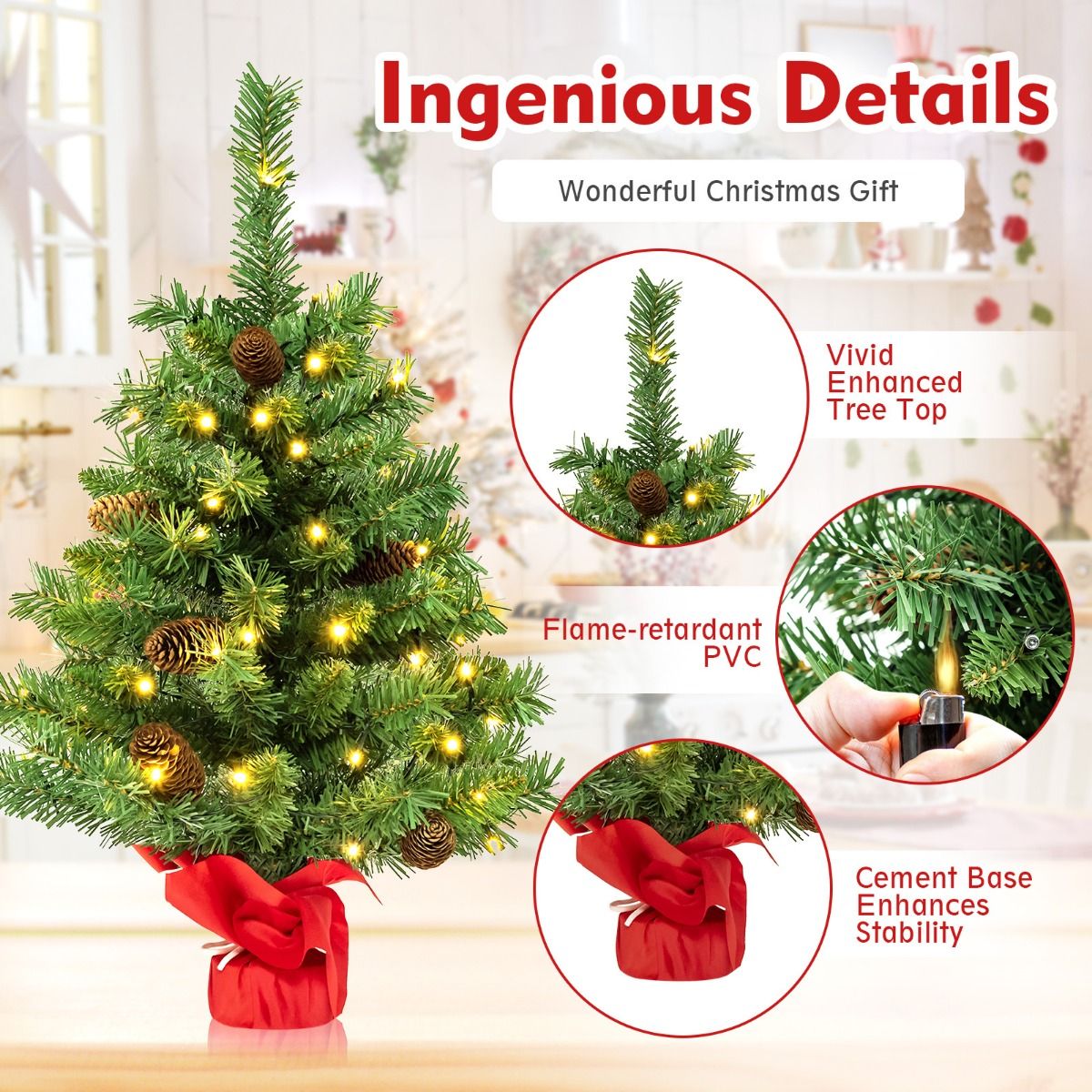 Coast Künstlicher Weihnachtsbaum mit Led-Lichtern und Tannenzapfen - Tischweihnachtsbaum mit Zementsockel - Grün - 64 cm