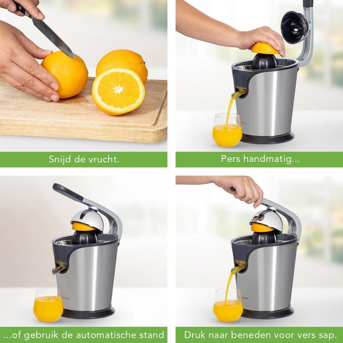 KitchenBrothers Elektrische Zitruspresse - Orangen- und Zitronenpresse - 160W - Edelstahl - Schwarz