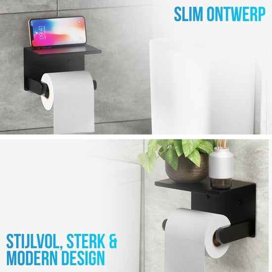 Strex Toilettenpapierhalter mit Ablage - Schwarz - Selbstklebend / Bohren / Kein Bohren - Toilettenpapierhalter - Toilettenpapierhalter