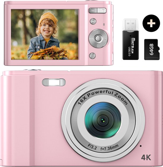 K&L Digitalkamera 4K - 64MP - Kamera - Kompaktkamera - Vlog Kamera - Für Kinder - Inklusive 64GB - NL Software