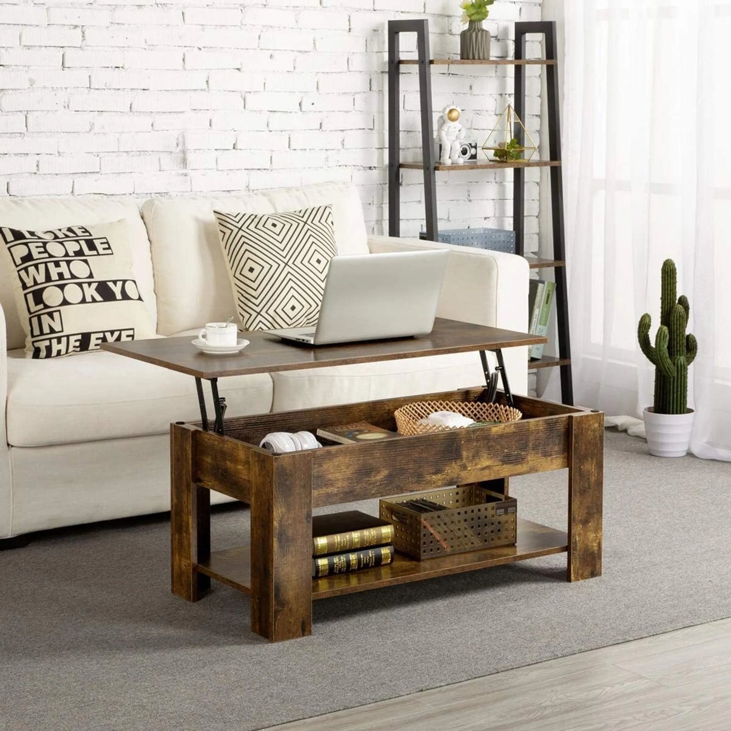 Yaheetech Couchtisch mit Lift-Top-Funktion - verfügt über versteckte Lagerung und Metall-Mechanismus und unten Regal - für Wohnzimmer und Büro - Vintage braun-schwarz Mdf und Metall - 98 x 50 x 41,8-55 cm