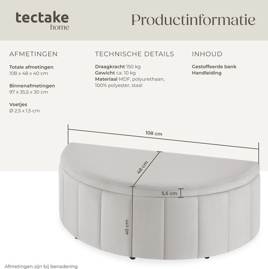 tectake® Polsterbank „Moon“ – Hocker mit Stauraum – Großes Staufach – Halbmondform – Sitzbank – 108 x 48 x 38,5 cm – Belastbarkeit 150 kg – Samt, Taupe