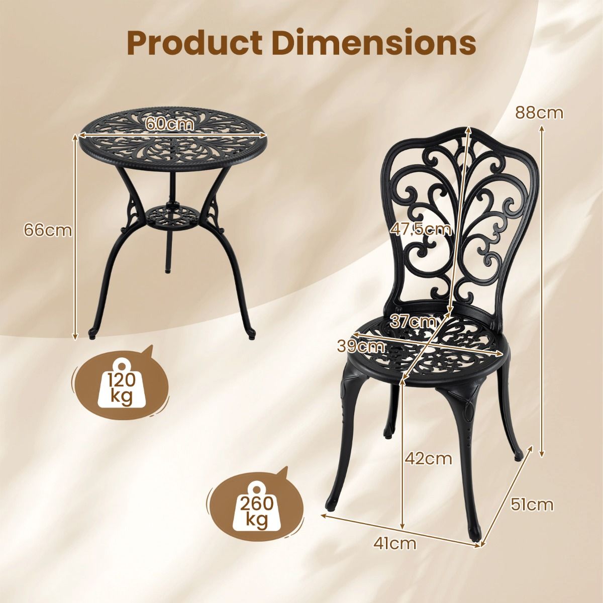 Coast 3-teiliges Bistro-Set – Aluminiumguss – Sonnenschirmloch – Rückenlehnen in Schmetterlingsform – schwarz