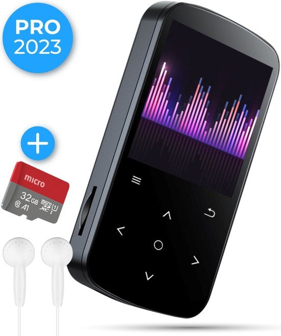 Nuvance - MP3-Player mit Touchscreen und Bluetooth - inkl. Ohrhörer und 32GB SD-Karte - mit Clip - digitaler Sprachrekorder - mit FM-Radio - Schwarz