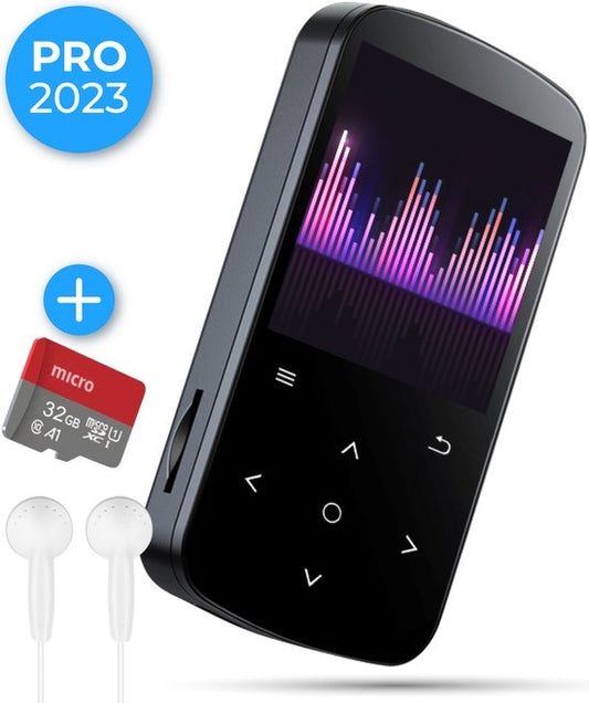 Nuvance - MP3-Player mit Touchscreen und Bluetooth - inkl. Ohrhörer und 32GB SD-Karte - mit Clip - digitaler Sprachrekorder - mit FM-Radio - Schwarz