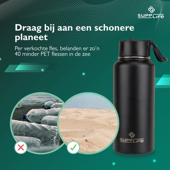 Supplife Luxus-Thermosflasche / Trinkflasche aus Edelstahl – 1 Liter – BPA-frei und auslaufsicher – Trinkflasche mit Strohhalm – Doppelwandige Isolierung – Thermosbecher – Ausgießverschluss und Verschluss mit Strohhalm – Inklusive Reinigungsbürste – Schwa