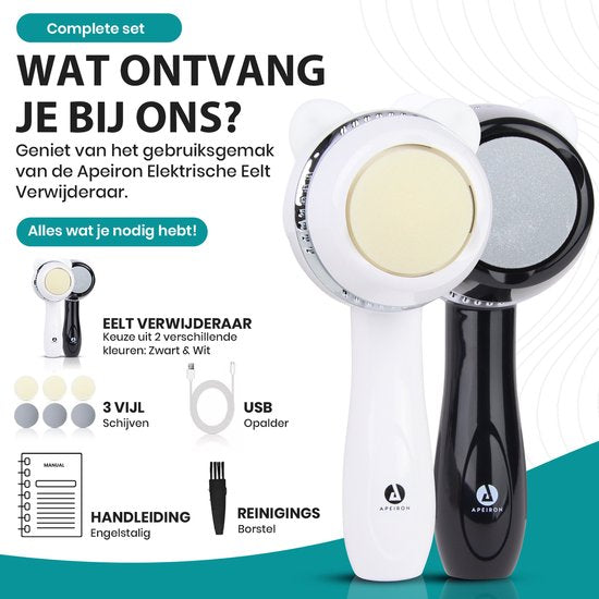 Apeiron Elektrischer Hornhautentferner – Fußfeile – Professioneller Hornhautentferner – Hornhautfeile – Hornhautentferner – USB-aufladbar – Inklusive 3 zusätzlicher Feilscheiben – Weiß – Kostenloses E-Book