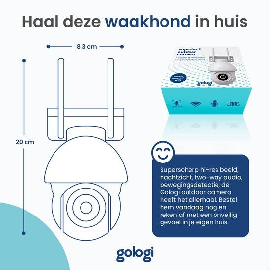 Gologi Superior Outdoor Kamera 2 - Außenkamera mit Nachtsicht - Sicherheitskamera - Wand- und Dachmontage - 4MP - Mit Wifi und App - Schwarz