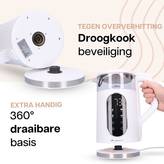 HomeShift® Wasserkocher mit Temperaturkontrolle - Warmhaltefunktion - Doppelwandig - Elektrisch - 1,7 Liter - 2200W - Weiß