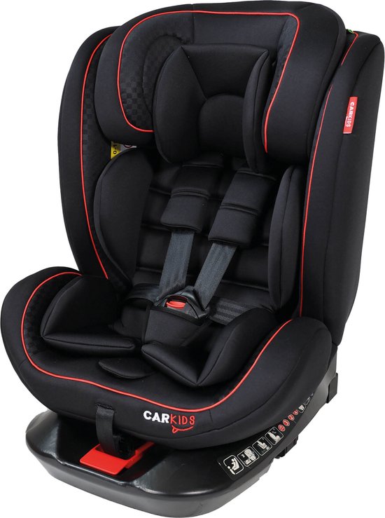 Carkids i-Size-Kindersitz Darcy – Entspricht der Norm i-Size R-129 - Um 360° drehbar - Für Kinder von 40 bis 150 cm - Isofix- und Top-Tether-Befestigung - Verstellbare Kopfstütze und Rückenlehne – Schwarz/Rot