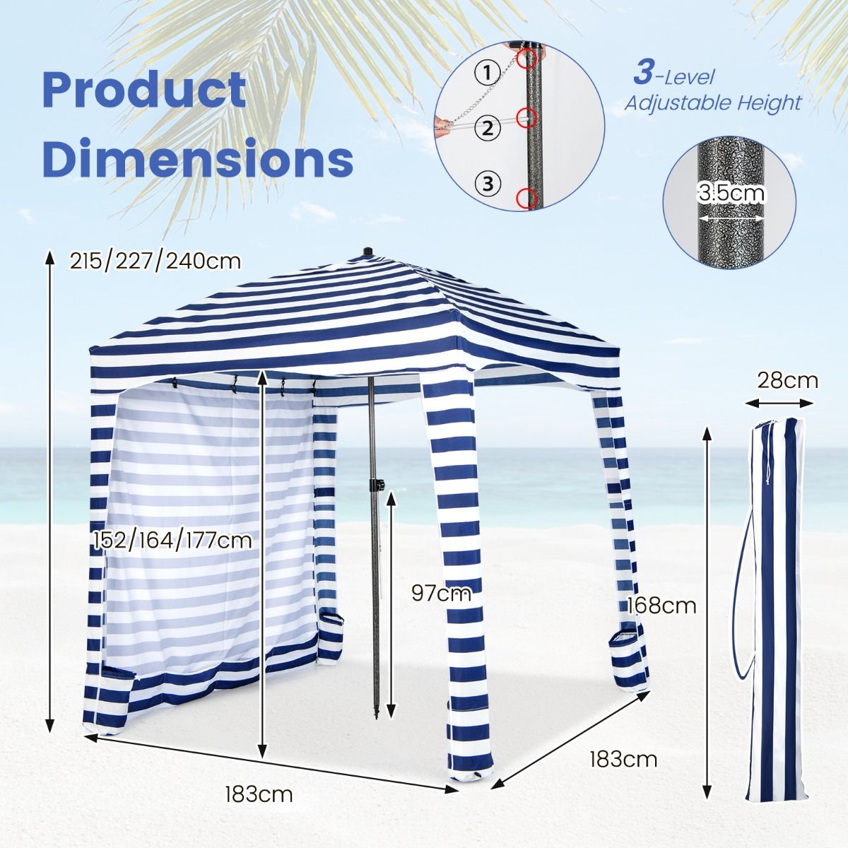 Coast Faltbares Strandzelt - Mit Tragetasche - Abnehmbare Seitenwand - 183 x 183 x 215-240 cm - Blau mit Weiß