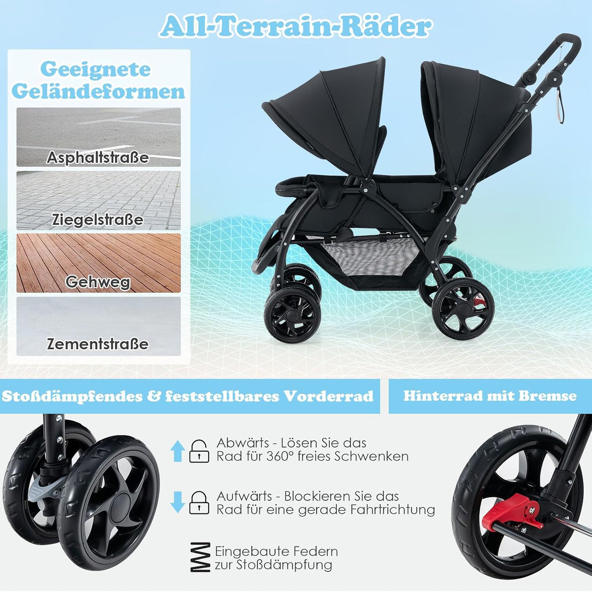 Coast Tandem-Kinderwagen für zwei Kinder – zusammenklappbar mit verstellbarer Rückenlehne – schwarz – Metall