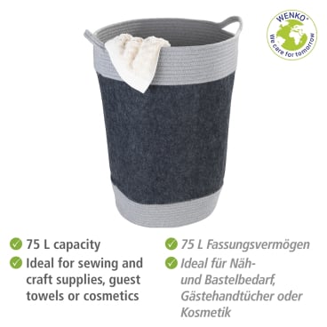 WENKO Bea Wäschekorb Dunkelgrau – 75 l – Recycelter Polyesterfilz
