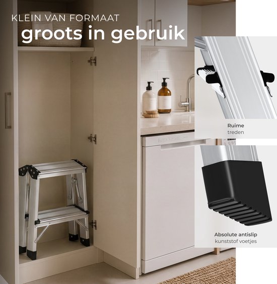 tectake® Doppelseitige Aluminium-Küchenleiter – 2 Sprossen – 38,5 cm – Stabile Leiter – Zusammenklappbare Trittleiter – Rutschfeste Haushaltsleiter
