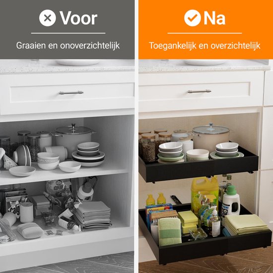Posity Slide Drawer - Kitchen Cabinet Organizer - Sink Cabinet/Drawer Organizer - inside drawer kitchen - Extendable and Adjustable (32-52 cm) - Telescopic - Black