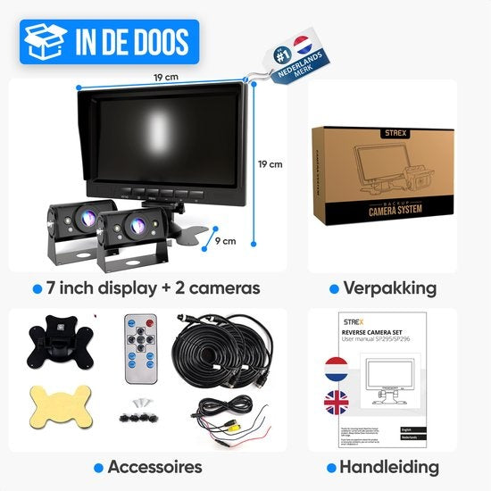 Strex - Rückfahrkamera-Set - 2 Kameras - HD 1080P - 7" Bildschirm - 18LED Nachtsicht 15m - IP69 Wasserdicht - Schwarz