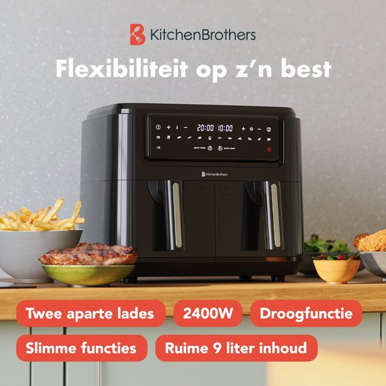 KitchenBrothers Airfryer XXL Dual Zone - 9L - 2400W - Heißluftfritteuse - Doppelter Korb - 50ºC bis 200ºC - 10 Kochprogramme - Schwarz