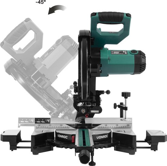 VONROC PRO Kappsäge - Fällsäge - Gehrungssäge - 2200W - Ø255mm - Schneidet Holz, Kunststoff und Metall - Regelbare Geschwindigkeit - Schnittkapazität 340mm - Verstellbare Tischverlängerung - Zugfunktion - Neigbar - Längenanschlag - Inkl. Sägeblatt, Laser