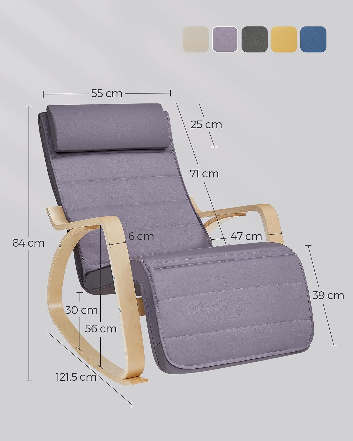 Songmics Schaukelstuhl – Birkenholz – 5-fach verstellbare Fußstütze – 121,5 x 67 x 84 cm – Grau/Beige