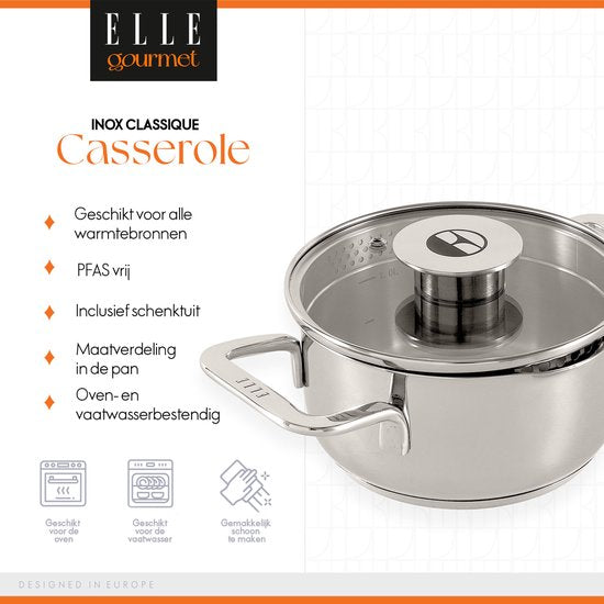 ELLE Gourmet Classique Edelstahl Kochtopf mit Deckel - Ø 16 cm - Kochtopf - PFAS frei - Induktion