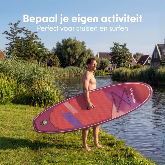 LifeGoods SUP Board All-round Compact - 100 KG Belastbarkeit - 300 x 76 cm - Aufblasbar - Komplettes SUP Paket - Rot/Lila
