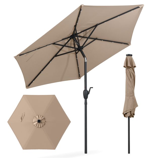 Robuster Terrassen-Sonnenschirm mit LED-Beleuchtung 230 cm - Braun - Kippbar mit Manivelle und Ventilation