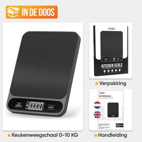 Strex Digitale Küchenwaage – Küchenwaage – 1 g bis 10 kg – Tara-Funktion – inklusive Batterien – schwarz.